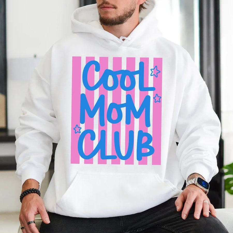 Cool Moms Club Hoodie | Trendy Preppy Striped Graphic | Premium Soft Cotton Blend | New Mom Gift for Her
