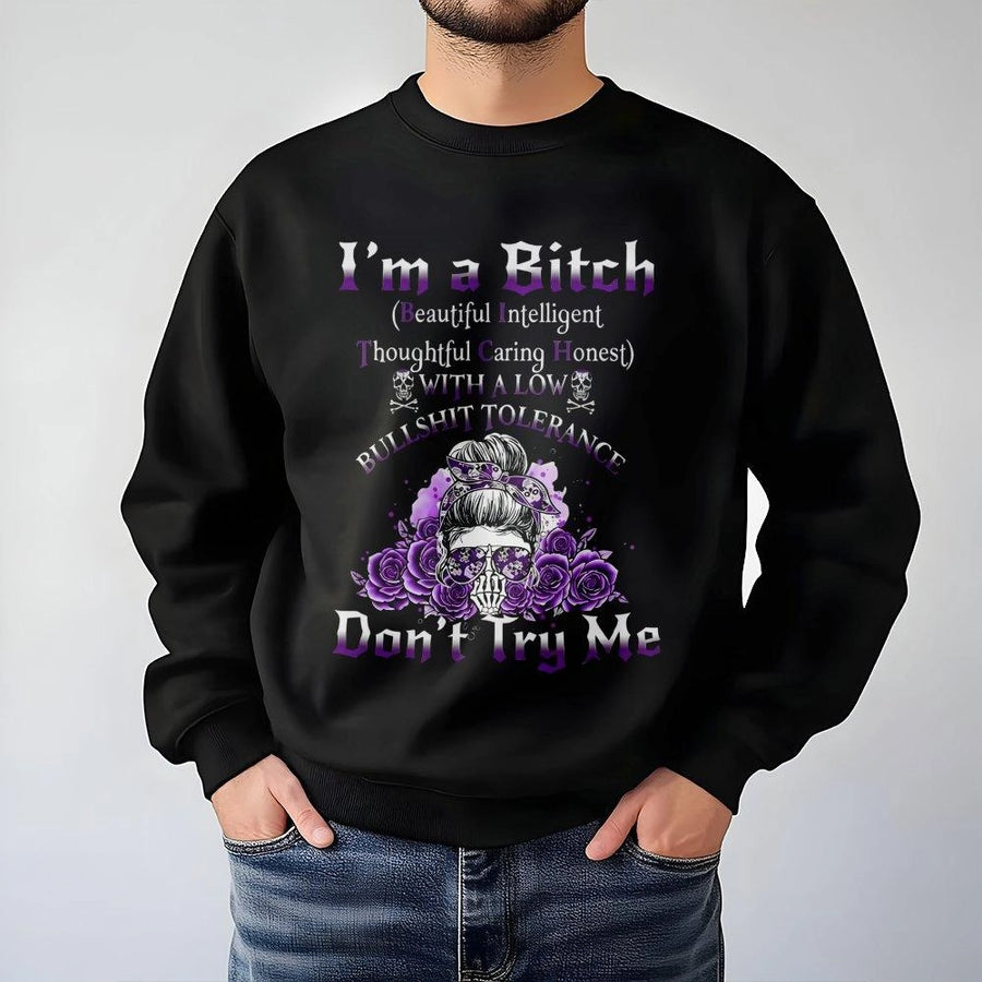 Funny Sarcastic Skull Sweatshirt | Floral Messy Bun Girl Design | Premium Cotton Blend Crewneck | Empowered Women Gift Birthday Apparel