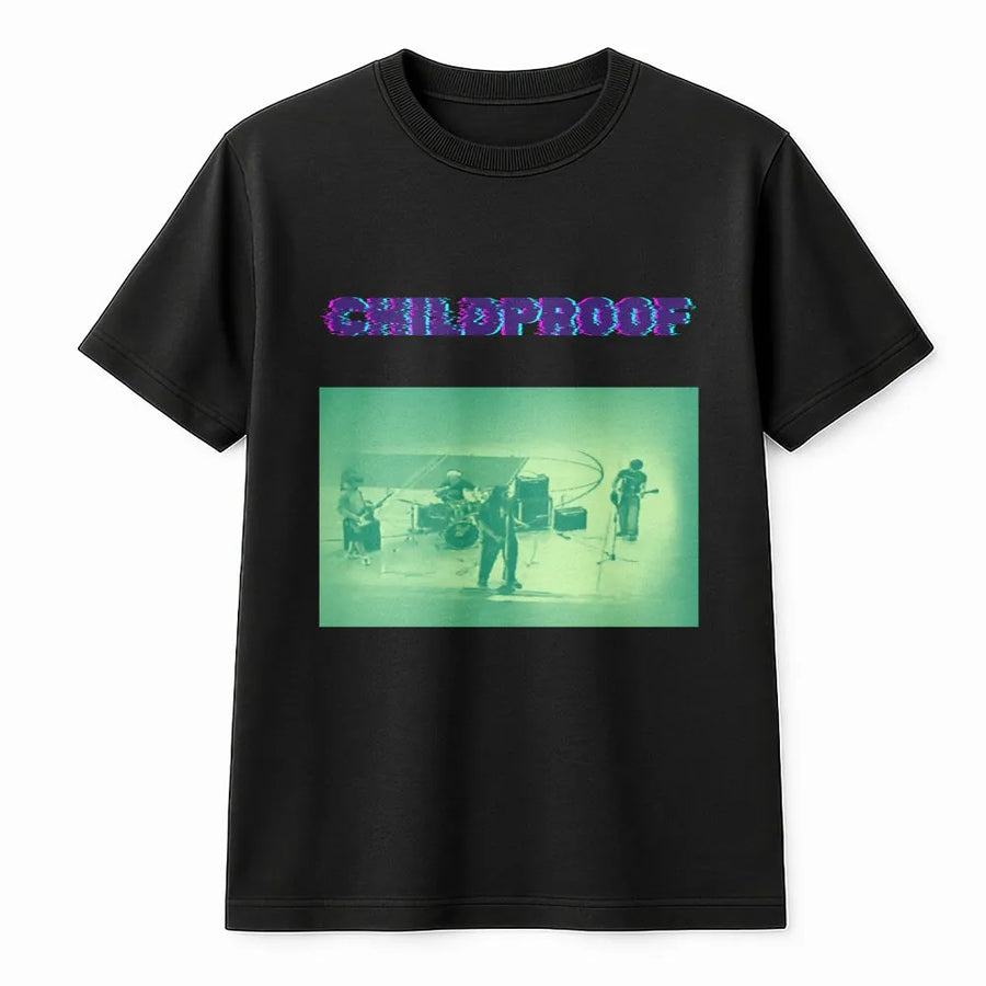 Childproof Graphic T-Shirt | Distressed Glitch Aesthetic Live Band Design | 100% Cotton Premium Tee | Unique Alternative Music Gift for Fans