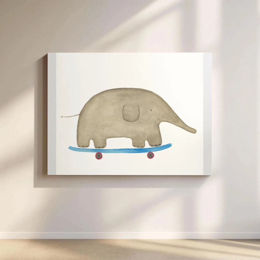 Skateboarding Elephant Canvas Wall Art | Whimsical Watercolor Animal Print | Premium Gallery Wrapped Canvas | Nursery Decor Gift for Kids Room