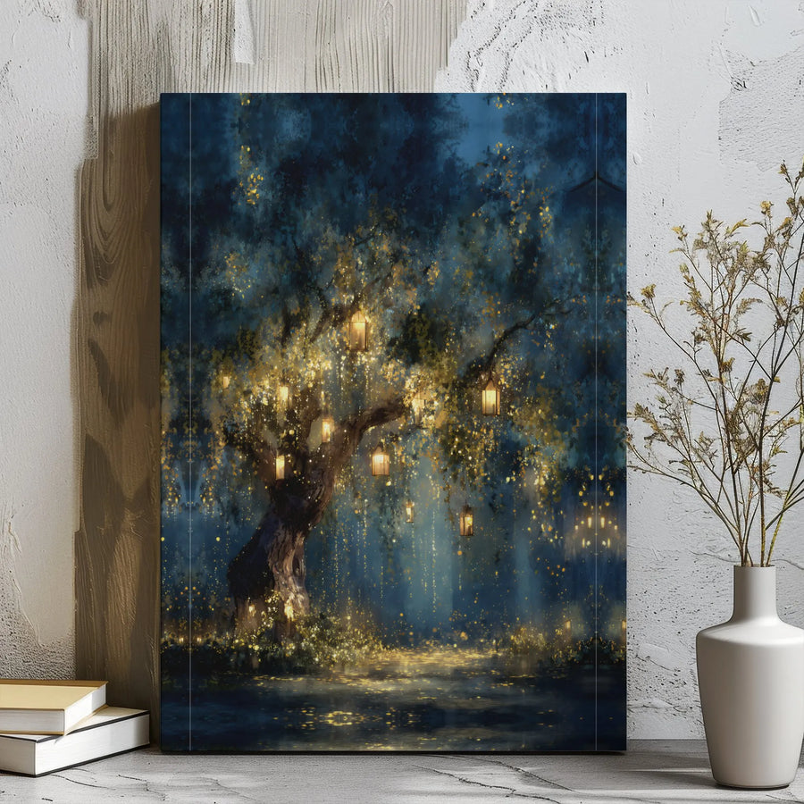 Enchanted Forest Canvas Wall Art | Magical Glowing Lanterns Night Landscape | Premium Gallery Wrap Print | Whimsical Home Decor Gift