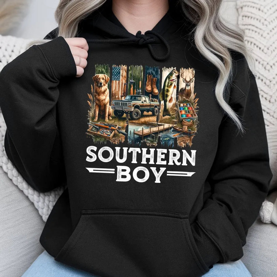 Southern Boy Hoodie | Country Life Outdoor Graphic | Premium Cotton Blend | Gift for Outdoorsmen Hunters Anglers