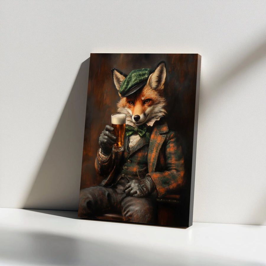 Fox Gentleman Drinking Beer Canvas | Rustic Plaid Suit Portrait | Premium Gallery Wrap Wall Art | Unique Bar Decor & Pub Gift