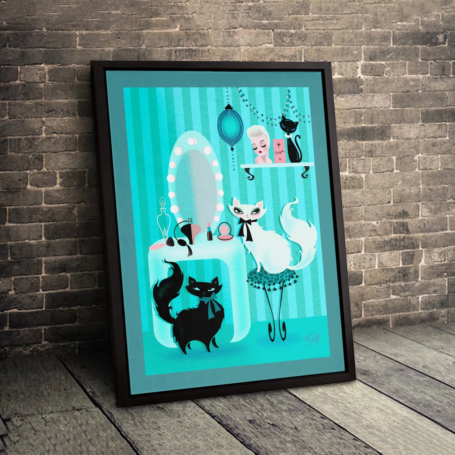 Mid Century Modern Cat Wall Art | Retro Vanity Kitties Print | Premium 1.25 Inch Gallery Canvas | Unique Gift For Cat Lovers