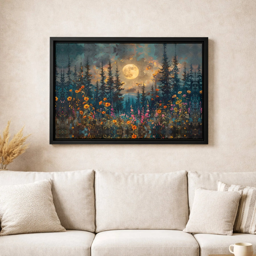 Full Moon Forest Canvas Wall Art | Whimsical Wildflower Meadow Landscape | Premium Fade-Resistant Print | Moody Nature Home Decor for Bedroom