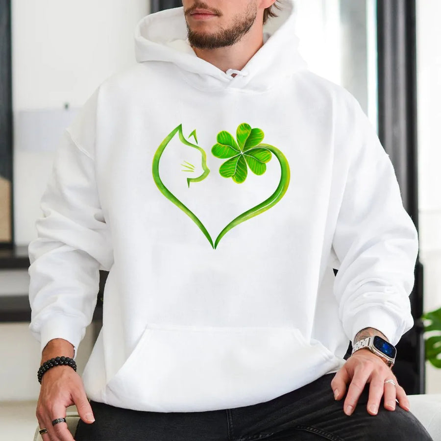St Patricks Day Cat Hoodie | Clover Heart Graphic Design | Premium Cotton Blend | Lucky Irish Gift for Cat Lovers
