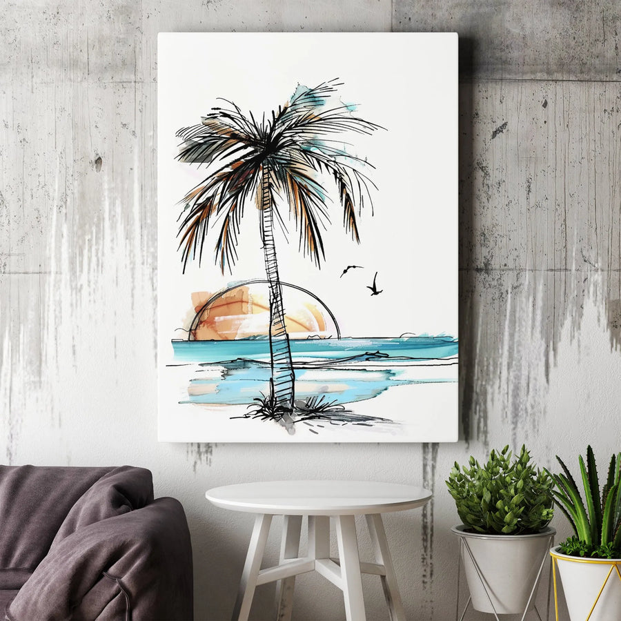 Palm Tree Canvas Print | Minimalist Watercolor Beach Sunset Art | Gallery Wrapped Premium Wall Decor | Coastal Boho Home Office Gift