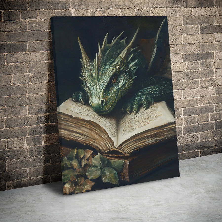 Green Dragon Reading Book Canvas | Enchanted Forest Fantasy Wall Art | Gallery Wrapped Premium Decor | Gift For Book Lovers And Gamers
