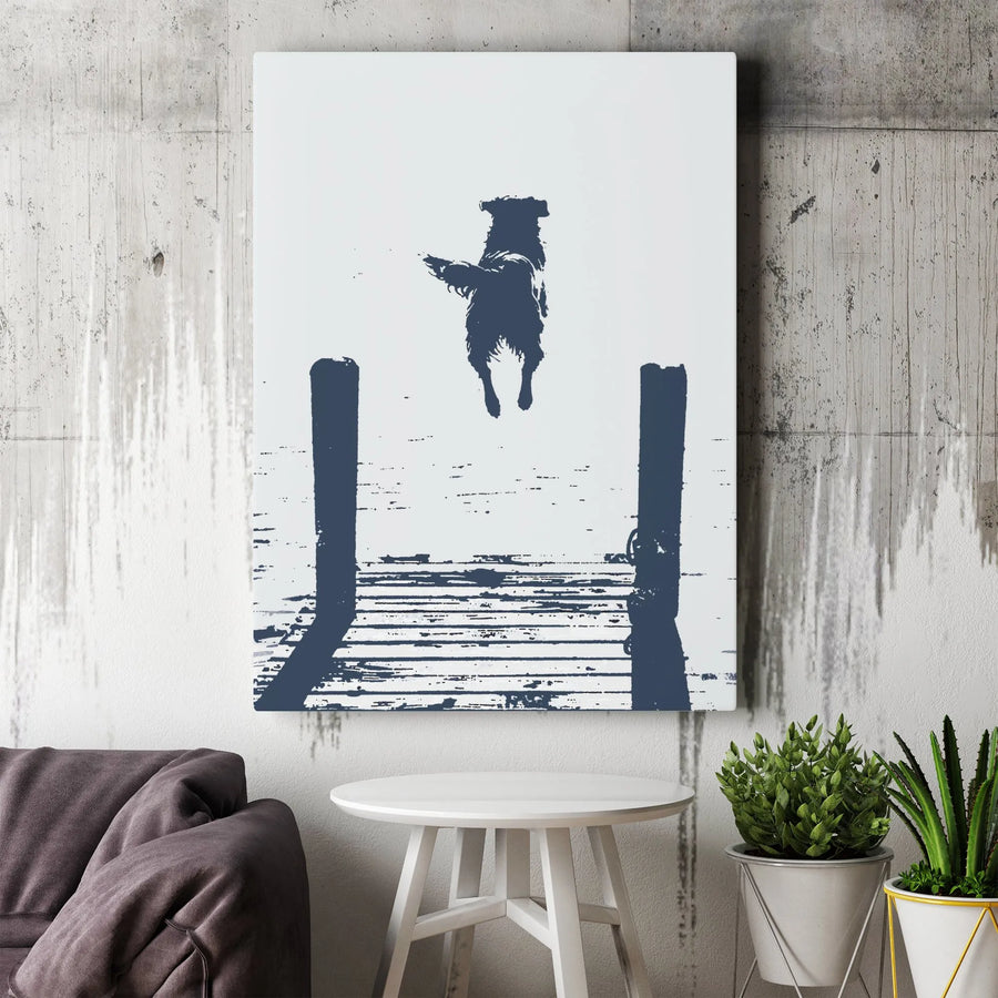Dog Jumping Off Dock Canvas Wall Art | Minimalist Stencil Style | Premium 1.25" Thick Gallery Wrap | Pet Lover Home Decor Gift