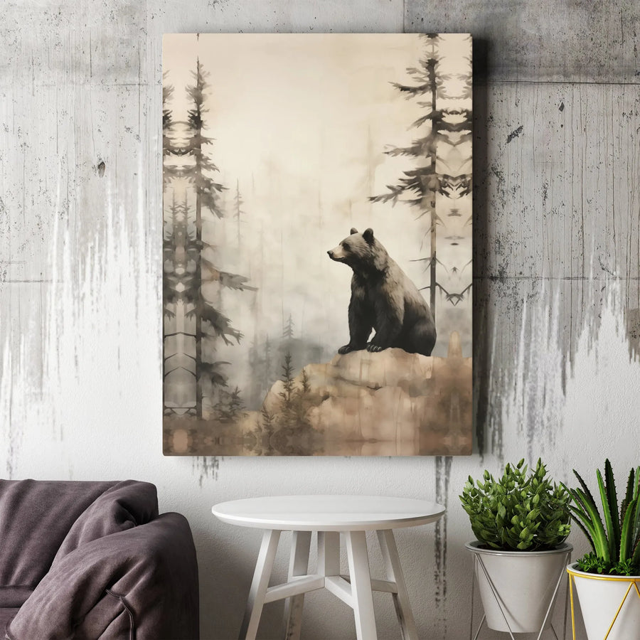 Brown Bear Wall Art | Misty Pine Forest Watercolor Print | Gallery-Quality 1.25 Inch Canvas | Rustic Cabin Decor for Nature Lovers