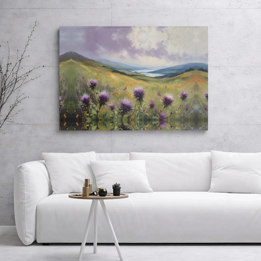 Scottish Highlands Landscape Canvas | Purple Thistle Meadow Art | Premium Gallery Wrap Print | Nature Wall Decor Gift for Nature Lovers