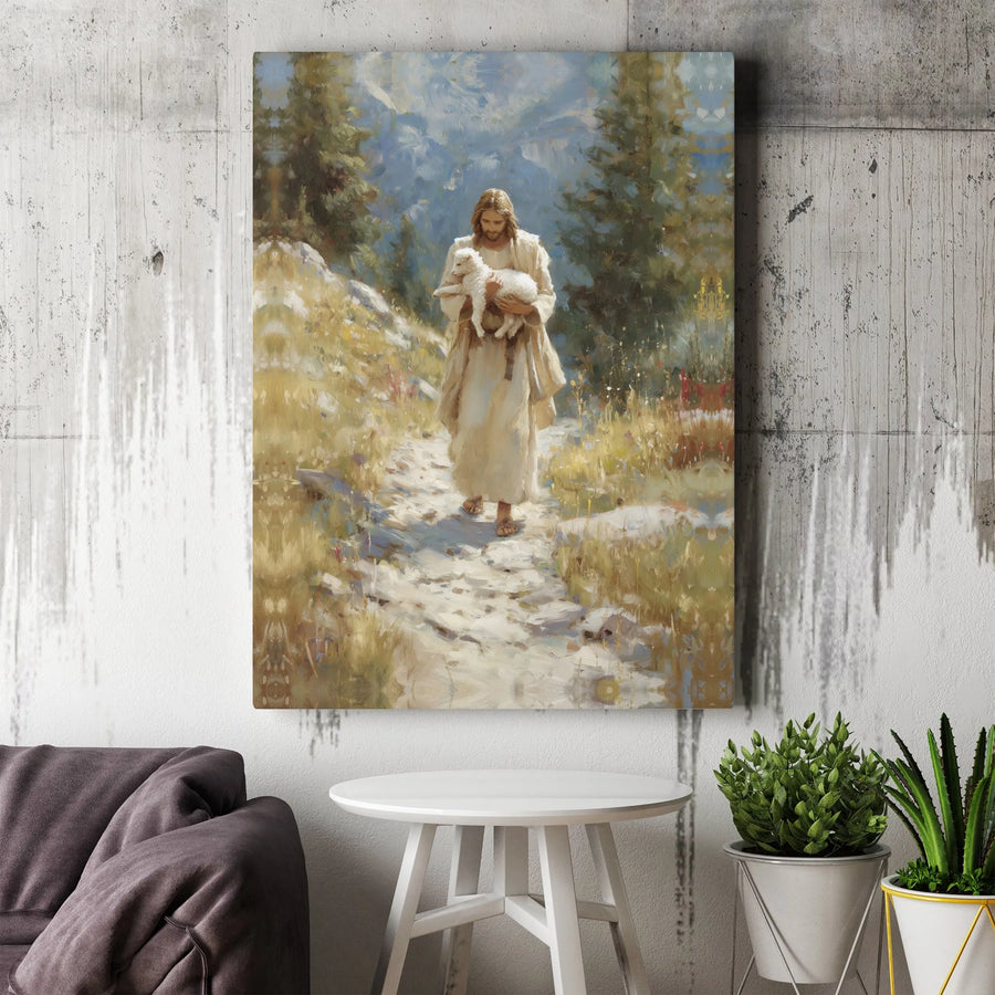 Jesus Holding Lamb Canvas Print | The Good Shepherd Religious Painting | Premium Gallery Wrapped Canvas | Christian Home Decor Gift