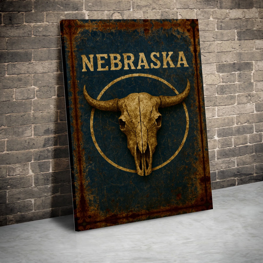 Nebraska Bull Skull Wall Art | Vintage Longhorn & Rustic Western Style | Premium Gallery Wrapped Canvas | Man Cave & Home Decor Gift