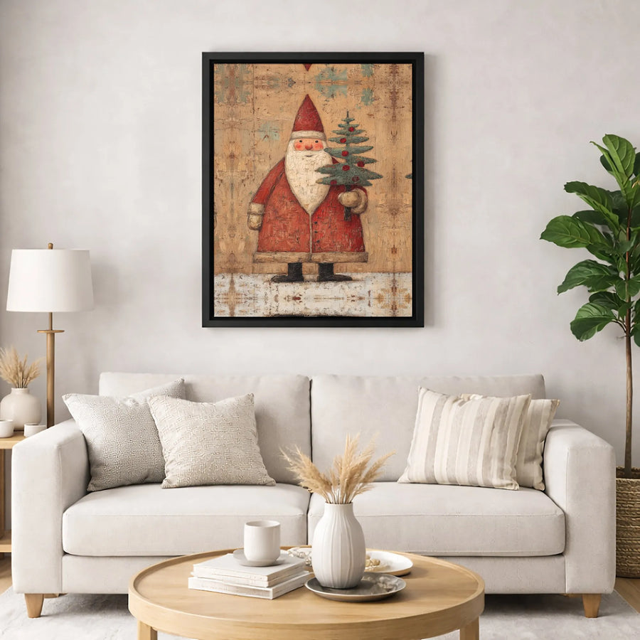 Rustic Folk Art Santa Claus Canvas | Vintage Christmas Tree Wall Decor | Premium 1.25" Gallery Wrap Print | Holiday Home Gift