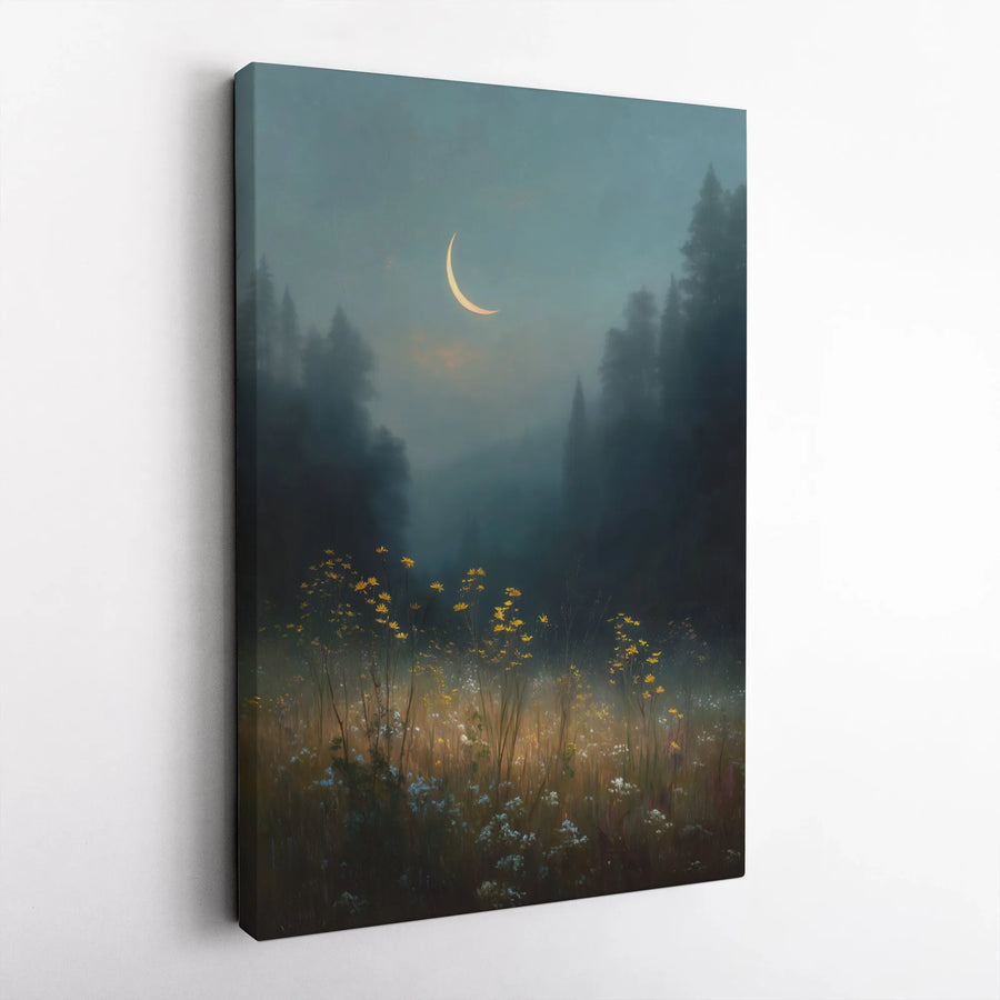 Crescent Moon Wall Art | Misty Forest Wildflower Landscape | Gallery Quality Canvas Print | Botanical Home Decor Nature Gift