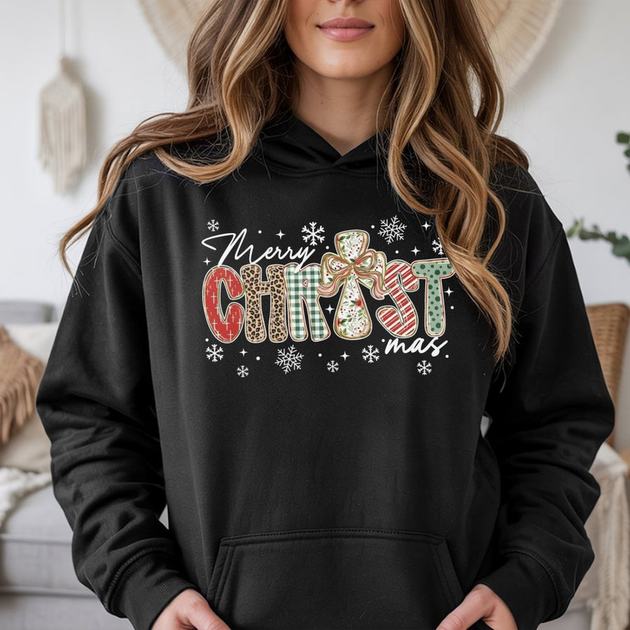 Merry Christ-mas Hoodie | Leopard and Plaid Religious Cross Graphic | Cotton-Poly Premium Blend | Faith-Based Christian Christmas Gift for Women