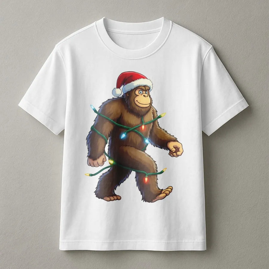 Bigfoot Christmas T-Shirt | Funny Sasquatch Wearing Santa Hat & Holiday Lights | Premium Soft Cotton Graphic Tee | Unique Xmas Gift For Him
