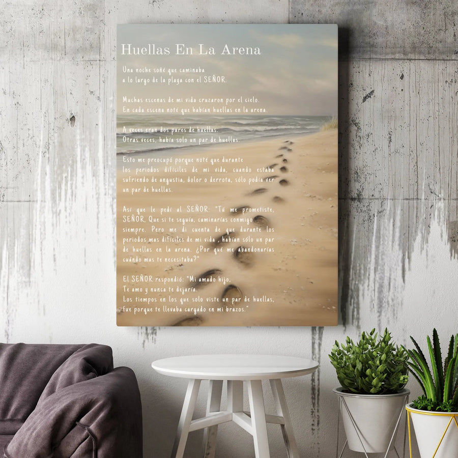 Huellas En La Arena Canvas | Spanish Footprints In The Sand Religious Poem | Premium Gallery Wrapped Wall Art | Spiritual Sympathy Gift For Home