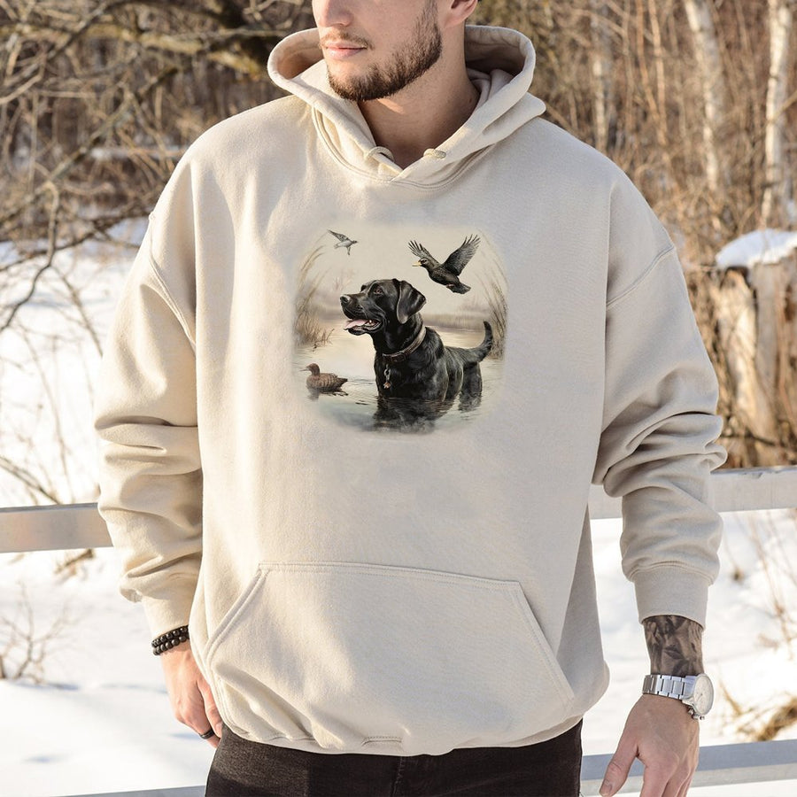 Black Labrador Hoodie | Duck Hunting Dog Graphic | Cotton-Poly Blend Premium Sweatshirt | Outdoorsman Gift For Dog Lovers
