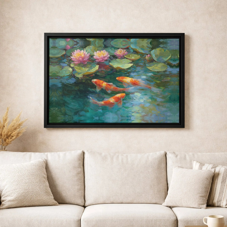 Koi Fish Pond Canvas Art | Impressionist Water Lily Painting | Premium Gallery-Wrapped Print | Zen Nature Wall Decor for Home Office