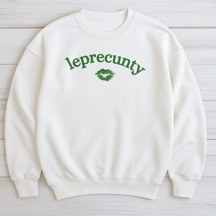 Leprecunty St Patricks Day Sweatshirt | Funny Irish Pun with Kiss Lips Graphic | Soft Cotton Blend Sweatshirt | Trendy Party Outfit Gift for Her