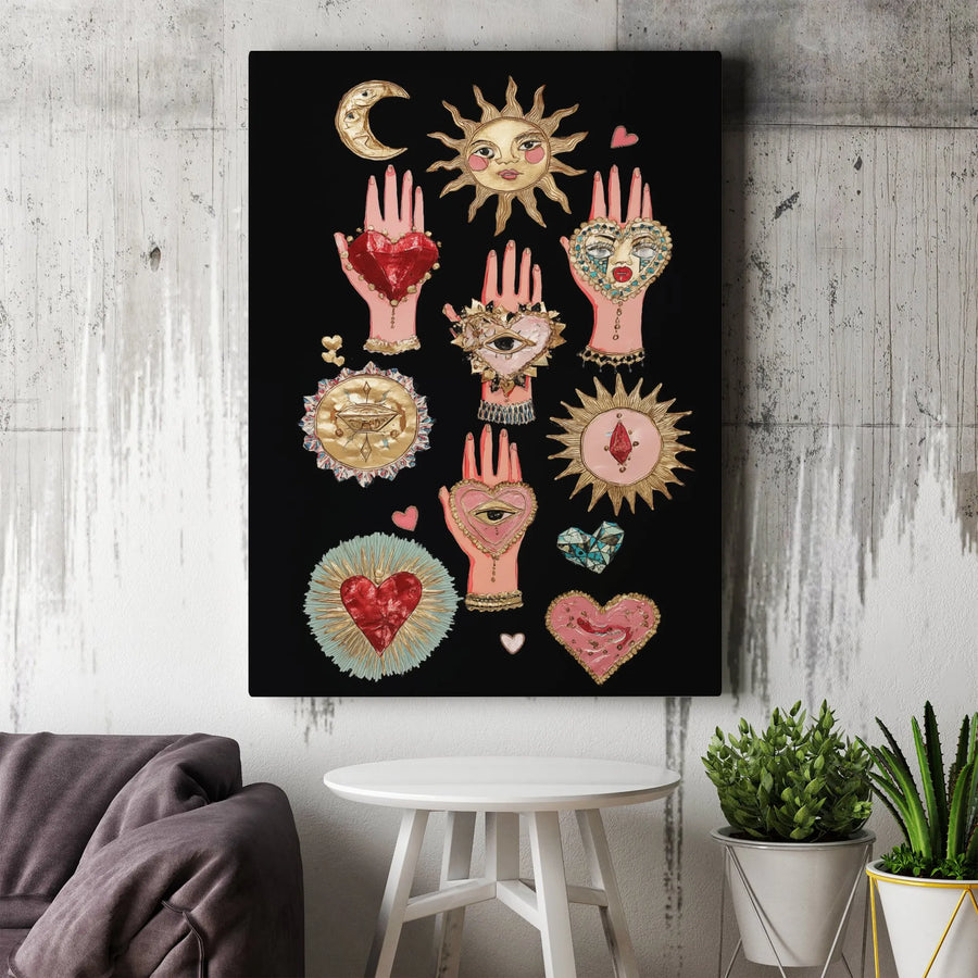 Mystical Celestial Canvas Art | Sacred Heart and Sun Hands Design | Premium Gallery-Wrapped Wall Decor | Spiritual Home Office Aesthetic Gift