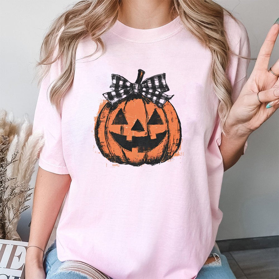 Jack O’ Lantern Pumpkin T-Shirt | Coquette Aesthetic Bow Graphic | 100% Premium Cotton Soft Tee | Trendy Halloween Gift for Women and Girls