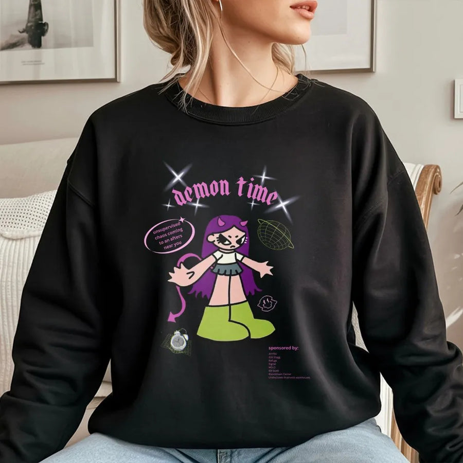 Demon Time Graphic Sweatshirt | Anime Demon Girl Y2K Streetwear | Cotton Blend Premium Crewneck | Edgy Aesthetic Gift for Women and Men