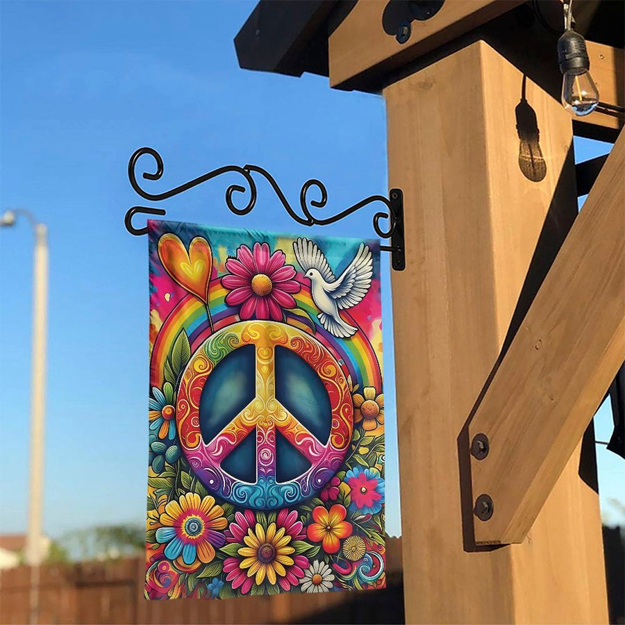 Peace Garden Flag | Rainbow Boho Floral Yard Decor | Weather-Resistant Polyester | Outdoor Gift for Flower Lovers