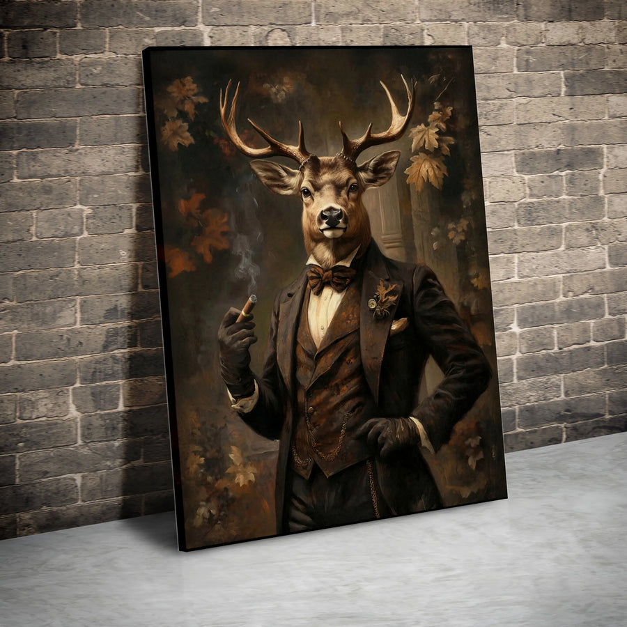 Gentleman Deer Wall Art | Anthropomorphic Stag in Suit Portrait | Premium Gallery Wrapped Canvas | Moody Home Office Decor Gift
