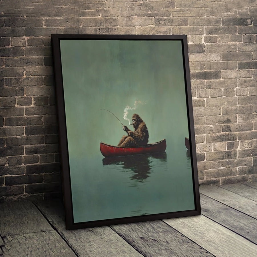 Bigfoot Fishing Wall Art | Funny Sasquatch Smoking in Red Canoe | Premium Gallery Canvas Print | Unique Cabin Decor Gift for Outdoorsman