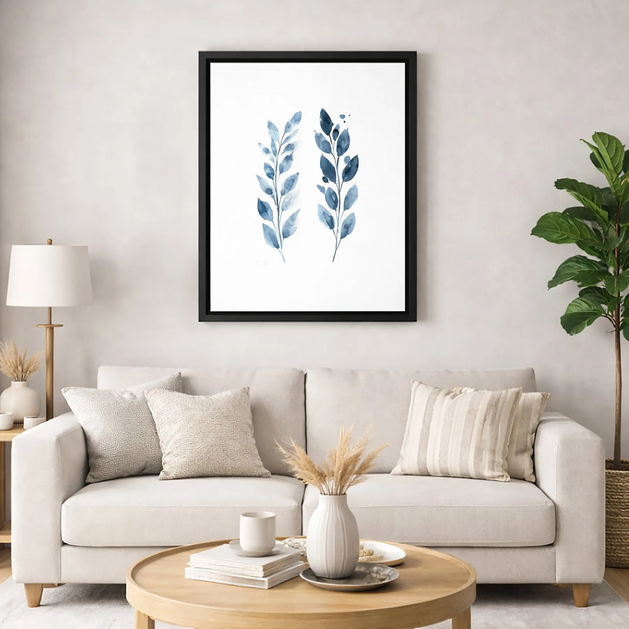 Blue Botanical Canvas Wall Art | Watercolor Leaf Branch Print | Premium Gallery-Wrapped Gallery Quality | Modern Minimalist Home Decor Gift