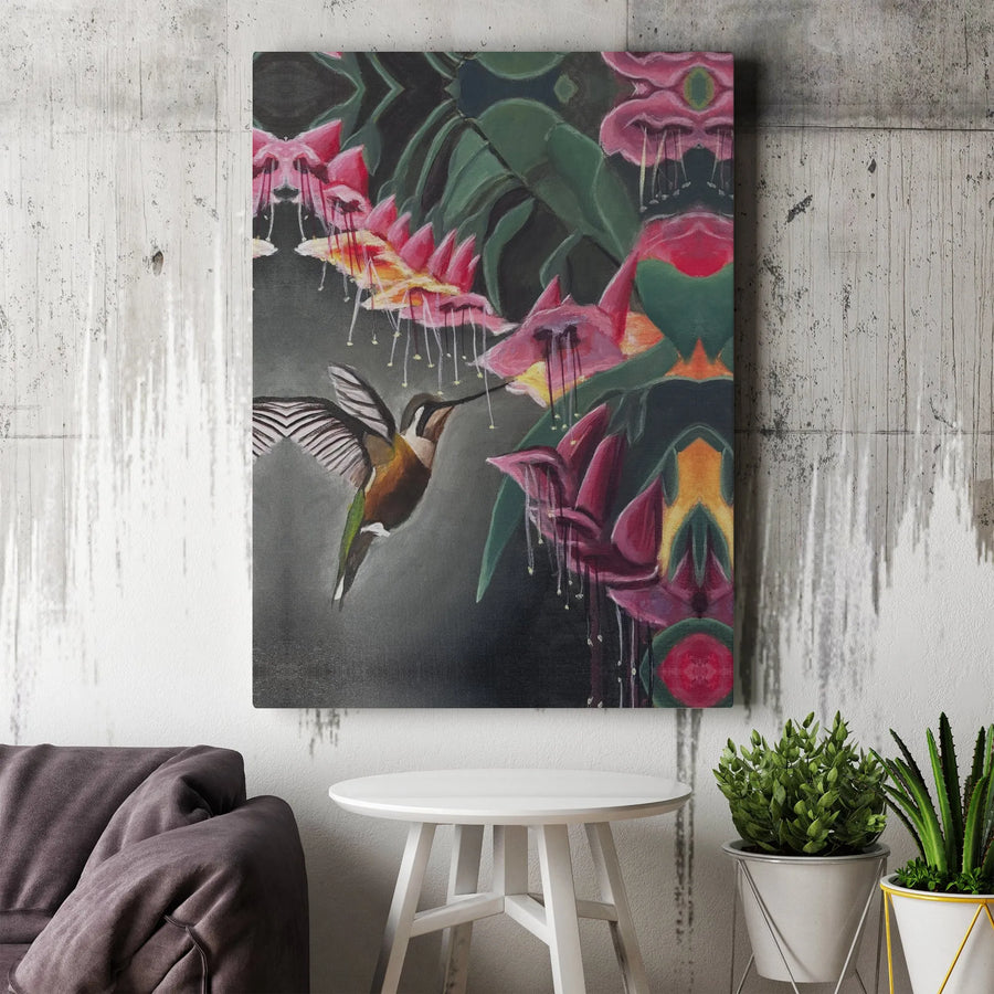 Hummingbird Floral Canvas Print | Symmetrical Fuchsia Flower Wall Art | Gallery Quality Fade-Resistant | Premium Nature Gift for Home Decor