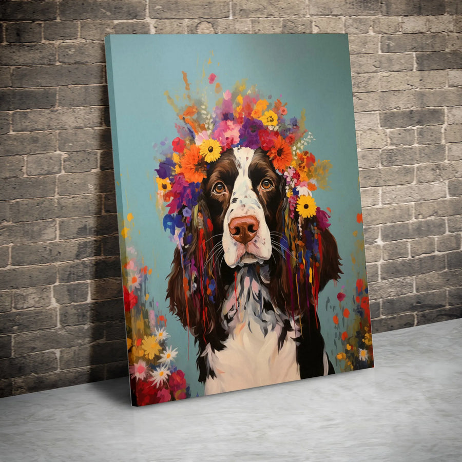 Springer Spaniel Canvas Wall Art | Colorful Flower Crown Portrait | Premium Gallery Wrapped Canvas | Unique Gift for Dog Lovers