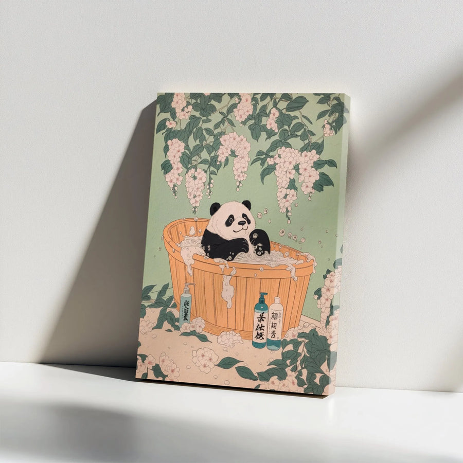 Japanese Ukiyo-E Panda Canvas Art | Cute Animal Bathing in Cherry Blossoms | Premium 1.25-Inch Gallery Wrap | Whimsical Home Decor Gift