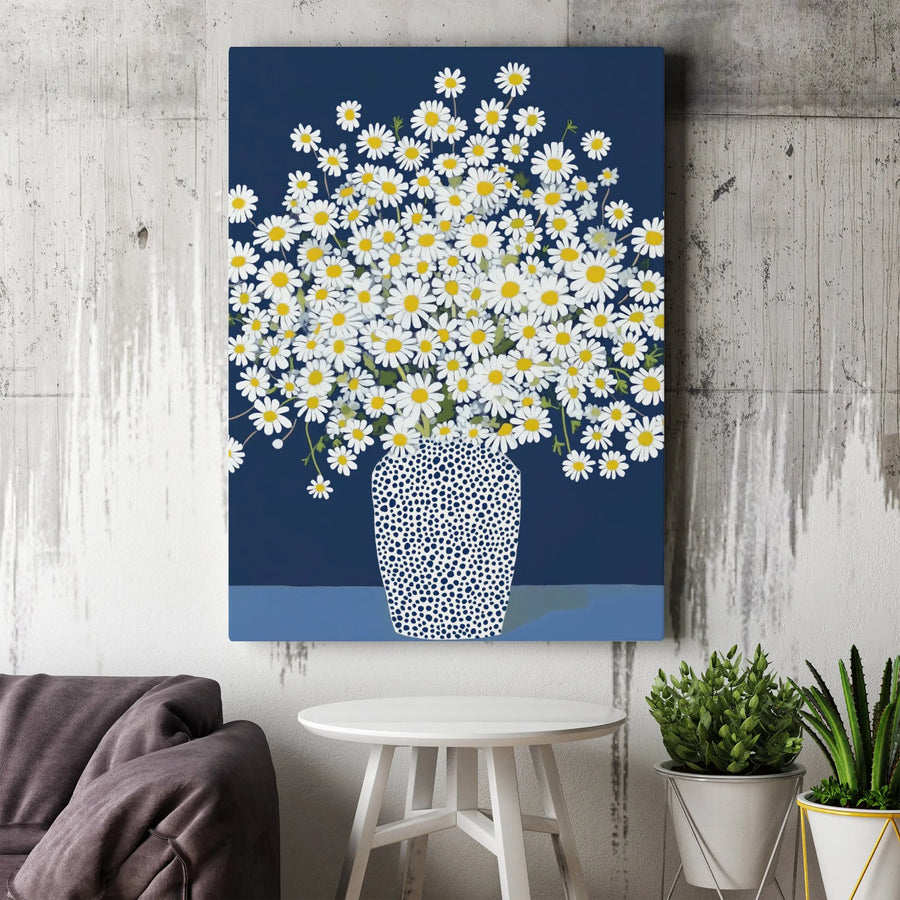 Daisy Flower Wall Art | Navy Blue Floral Canvas Print | Gallery Wrapped Premium Canvas | Modern Home Decor Gift for Her
