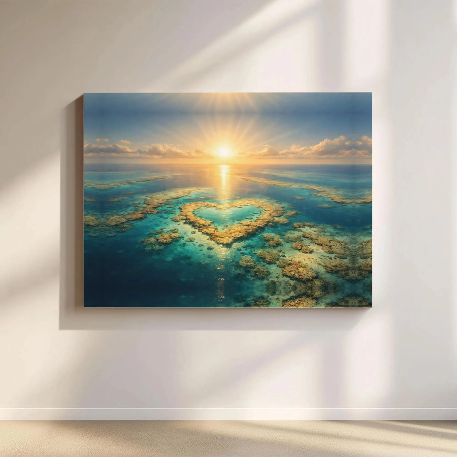 Heart Reef Canvas Wall Art | Tropical Sunset Over Coral Sea | Premium Gallery Wrapped Canvas | Romantic Gift for Coastal Home Decor