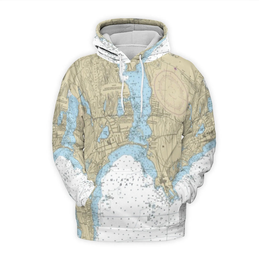 Niantic Bay Nautical Chart Hoodie | All-Over Print Map Sweatshirt | Premium Polyester Fleece | Gift For Boating Enthusiasts And Sailors