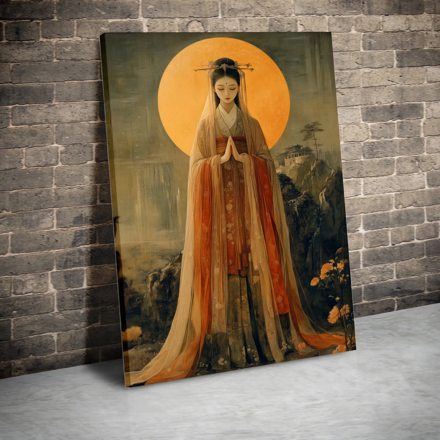 Traditional Chinese Woman Wall Art | Zen Goddess Under Full Moon Canvas | Premium Gallery-Wrapped Print | Elegant Spiritual Home Decor Gift