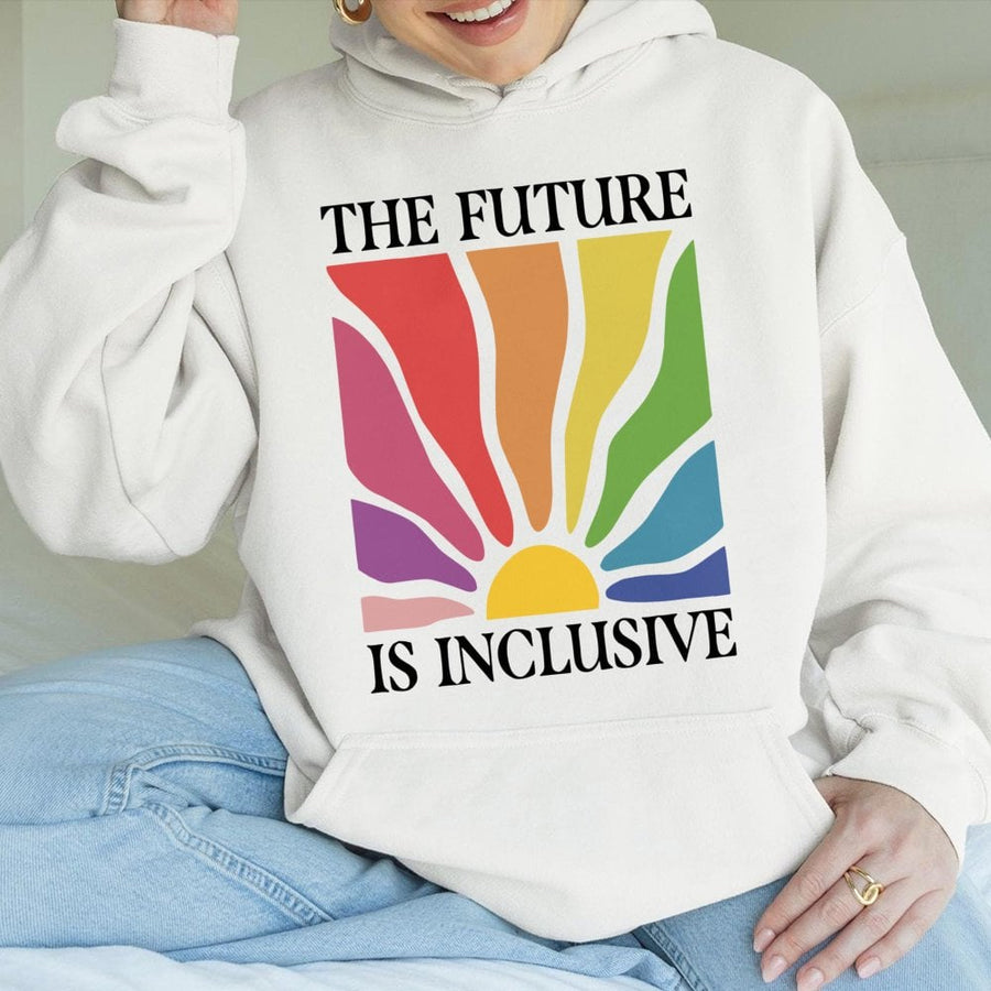 The Future Is Inclusive Hoodie | Retro Rainbow Sun Graphic | Cotton-Poly Blend Premium Sweatshirt | LGBTQ Pride Equality Gift for Activists