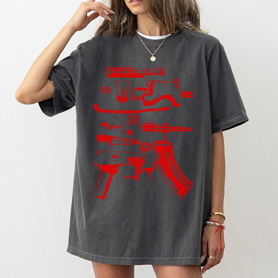 Firearms Parts Diagram T-Shirt | Tactical Weapon Schematic Graphic | 100% Cotton Premium Tee | Gift for Gun Enthusiast & Shooter