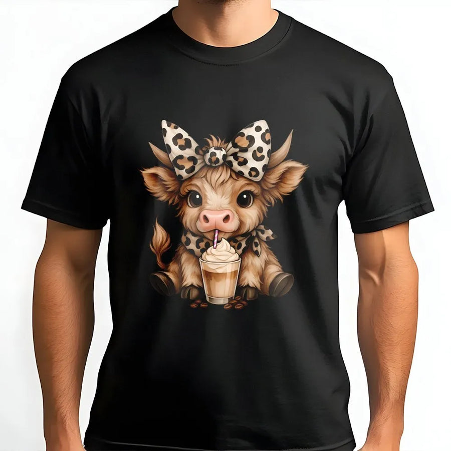 Highland Cow Coffee T-Shirt | Cute Leopard Print Bow Graphic | 100% Cotton Premium Tee | Animal Lover Gift For Women And Men