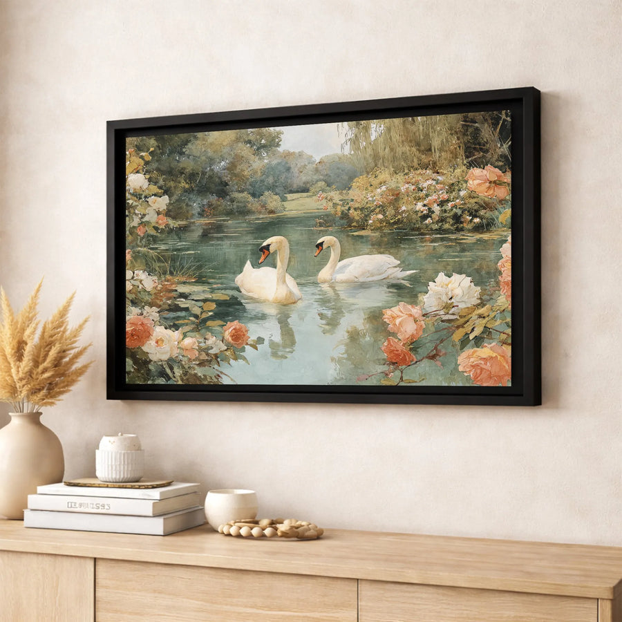 Swan Lake Painting Canvas | Romantic Botanical Floral Wall Art | Premium Fade-Resistant Print | Elegant Home Decor For Bedroom Or Living Room
