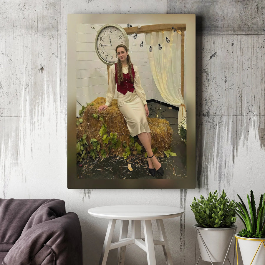Vintage Farmhouse Wall Art | Country Girl on Hay Bale Portrait | 1.25" Thick Gallery Wrap Canvas | Modern Rustic Home Decor Gift
