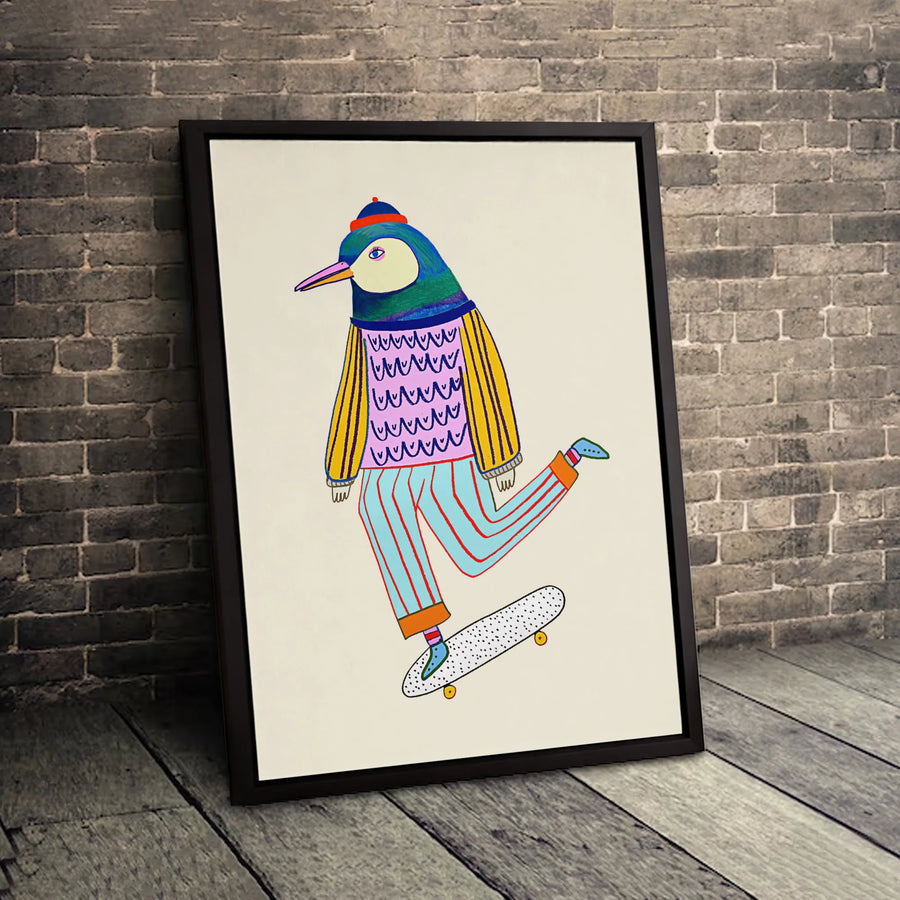 Skater Bird Wall Art | Quirky Animal Illustration | Premium Gallery Canvas | Modern Home Decor Gift