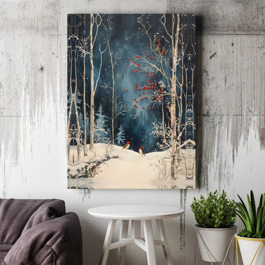 Winter Forest Canvas Wall Art | Snowy Birch Tree Landscape with Red Berries | Gallery Wrapped Premium Print | Holiday Seasonal Home Decor