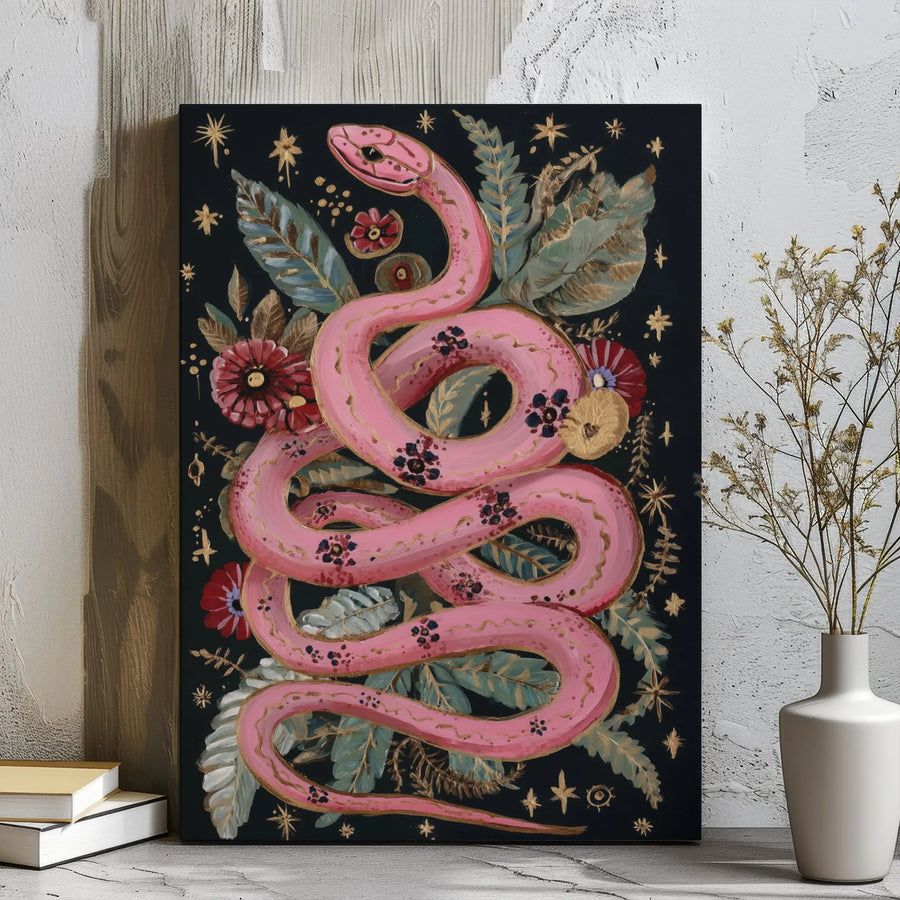 Pink Snake Wall Art | Mystical Botanical Serpent with Celestial Stars | Gallery Wrapped Canvas Decor | Gothic Witchy Aesthetic Gift for Home
