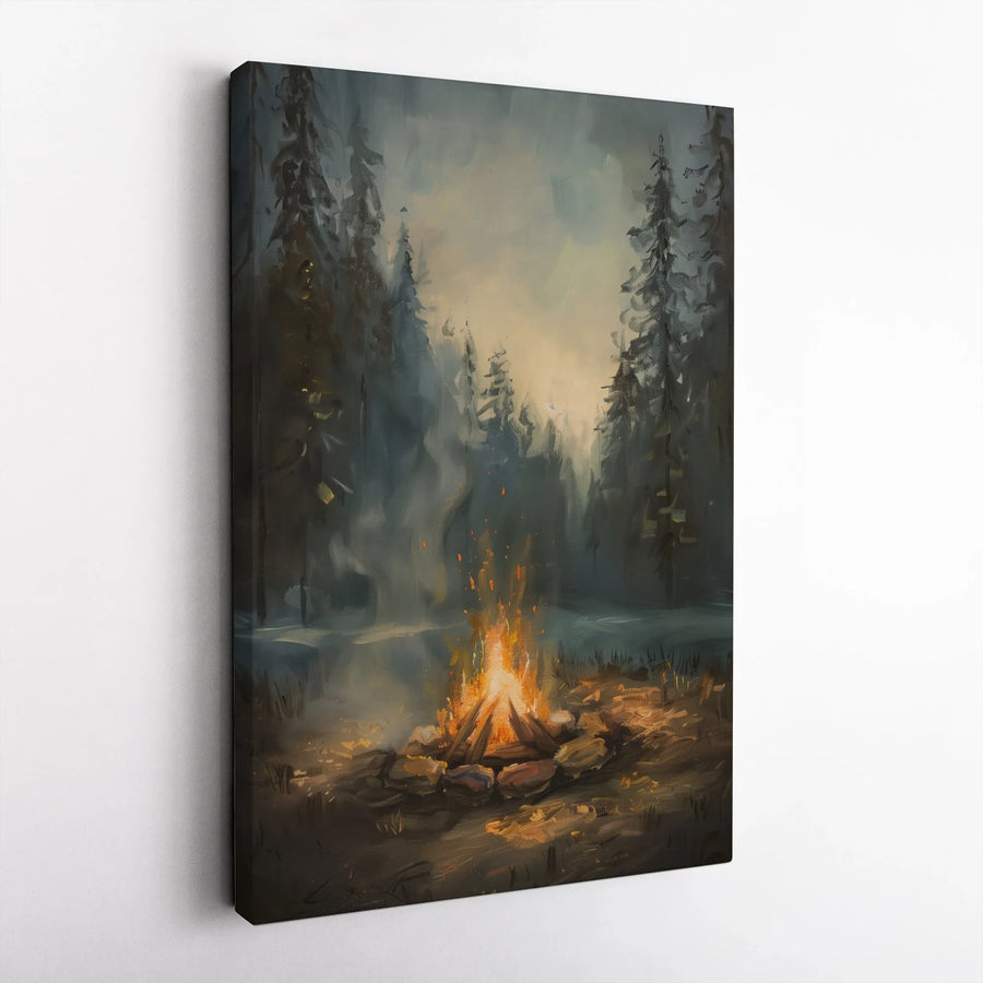 Campfire Forest Canvas Wall Art | Misty Pine Landscape Painting | Premium Gallery Wrap Print | Rustic Cabin Decor Gift for Nature Lovers