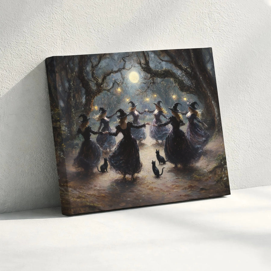 Witches Coven Canvas Wall Art | Dancing Witches Under Full Moon | Gallery-Quality 1.25" Profile | Gothic Home Decor & Halloween Gift