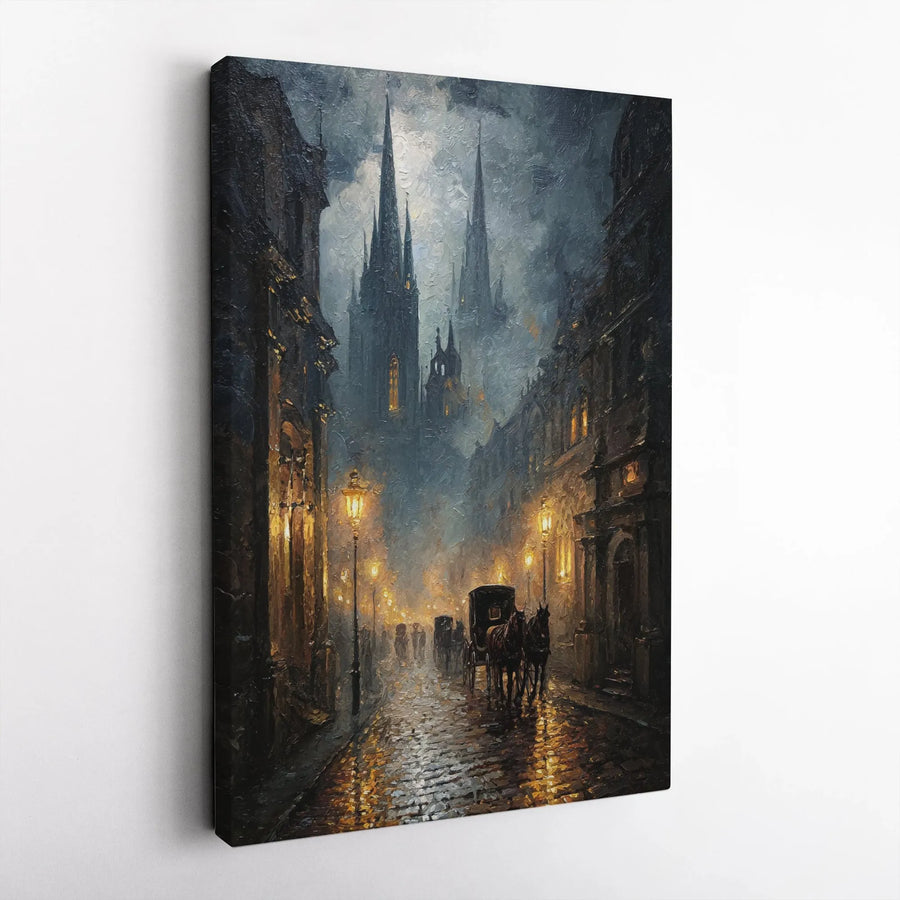 Gothic Cityscape Vertical Canvas Print | Victorian Rainy Night Art | Premium Gallery Wrapped Canvas | Dark Academia Home Decor Gift